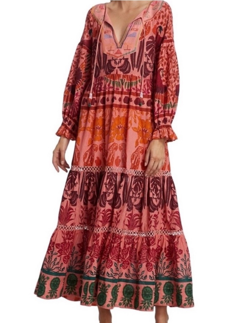 Boho Tiered Floral Maxi FARM Rio Dress - Coral Pink